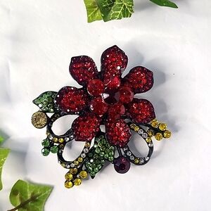 Statement Red Crystal Flower Pin Brooch